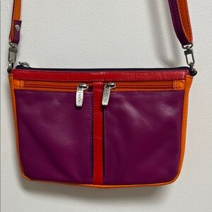 Vibrant Color Block Leather Dudu Crossbody Bag in Purple and Orange Red Travel